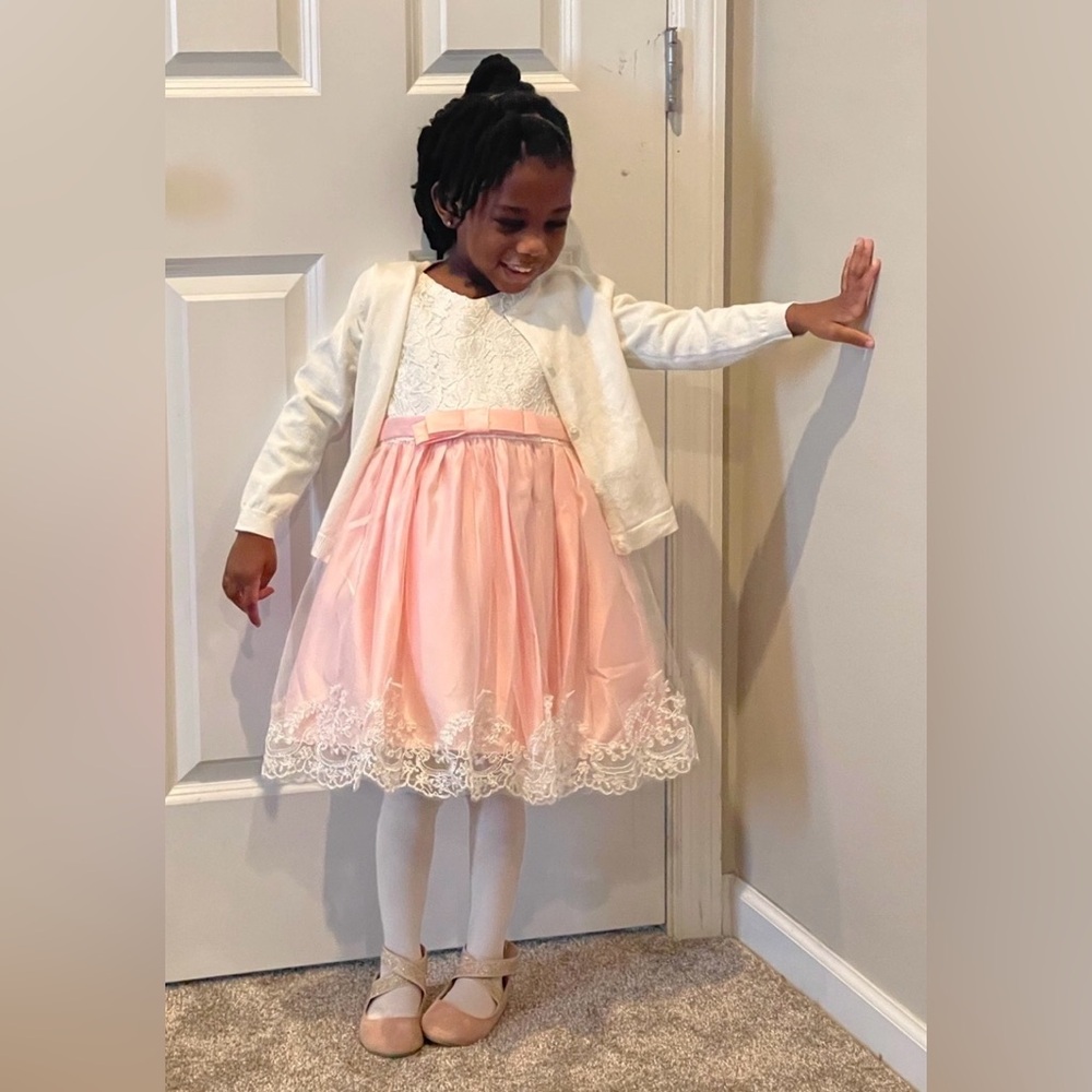 Charming Lace Bodice Kids Dress in Pink and White